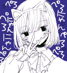 Rule 34 | 1girl, absurdres, animal ears, blue background, blush stickers, bow, bowtie, collared shirt, empty eyes, fake animal ears, greyscale with colored background, hand up, highres, looking at viewer, medium hair, monochrome, noroi (rnatataki), open mouth, original, portrait, red bow, red bowtie, shirt, simple background, sleeves past wrists, solo, translation request, v