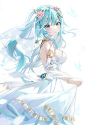 Rule 34 | 1girl, alternate costume, aqua hair, armlet, back bow, bare shoulders, blush, bow, bracelet, breasts, bridal veil, chinese commentary, commentary request, cowboy shot, cross, crystalfly (genshin impact), dated, detached sleeves, dress, faruzan (genshin impact), floating hair, flower, frilled sleeves, frills, from side, genshin impact, green eyes, hair flower, hair ornament, highres, jewelry, lace, lace-trimmed dress, lace-trimmed headwear, lace trim, long hair, looking at viewer, medium breasts, miaogujun, neck ring, parted lips, pink flower, pink rose, ring, rose, see-through, short sleeves, sideboob, sidelocks, simple background, skirt hold, sleeveless, sleeveless dress, smile, solo, strapless, strapless dress, symbol-shaped pupils, triangle-shaped pupils, twintails, veil, wedding dress, white background, white bow, white dress, white headwear, white sleeves, x hair ornament