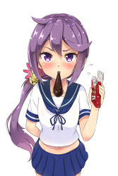 Rule 34 | 10s, 1girl, ahoge, akebono (kancolle), arm behind back, bell, blue skirt, blurry, blush, collarbone, commentary request, depth of field, eyelashes, flower, food, foreshortening, frown, hair bell, hair between eyes, hair flower, hair ornament, highres, jingle bell, kantai collection, long hair, looking at viewer, looking up, midriff, navel, pleated skirt, pocky, ponytail, pov, purple eyes, purple hair, sarfata, school uniform, serafuku, short sleeves, side ponytail, simple background, skirt, solo, sweatdrop, tsurime, upper body, white background