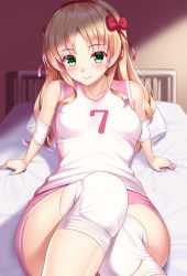 Rule 34 | 1girl, arm support, bare shoulders, bed, bed sheet, blonde hair, blush, breasts, closed mouth, commentary request, elbow pads, green eyes, gym shorts, gym uniform, hair ornament, hair ribbon, headband, huyumitsu, indoors, knee pads, knee up, long hair, looking at viewer, medium breasts, on bed, original, pillow, pink shorts, red ribbon, ribbon, shirt, shorts, sitting, sleeveless, sleeveless shirt, smile, solo, sportswear, uniform, volleyball uniform, white shirt