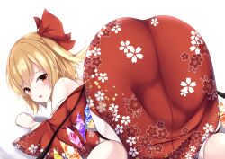 Rule 34 | 1girl, 2022, all fours, ass, ass focus, bat wings, blonde hair, blush, crystal, flandre scarlet, floral print, from behind, furrowed brow, hair between eyes, hair ribbon, half-closed eyes, head tilt, japanese clothes, kashiwagi yamine, kimono, long sleeves, looking at viewer, looking back, medium hair, multicolored wings, new year, off shoulder, open mouth, rainbow order, red eyes, red kimono, red ribbon, ribbon, side ponytail, sidelocks, simple background, smile, solo, touhou, white background, wide sleeves, wings, yukata