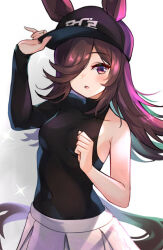 Rule 34 | 1girl, animal ears, arm up, baseball cap, black hat, blush, bodystocking, breasts, brown eyes, brown hair, clenched hand, covered navel, ears through headwear, hair over one eye, hand on headwear, hat, horse ears, horse girl, horse tail, long hair, looking at viewer, meyamu, open mouth, rice shower (boc&#039;z) (umamusume), rice shower (umamusume), simple background, single bare shoulder, single sleeve, skirt, small breasts, solo, sparkle, tail, umamusume, upper body, white background, white skirt