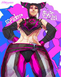 Rule 34 | 1girl, belt, black hair, breasts, choker, drill hair, english text, female focus, grin, han juri, highres, looking down, midriff, multicolored background, purple eyes, signature, sketch, smile, solo, street fighter, street fighter iv (series), underboob, wryyoco