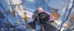 Rule 34 | 1girl, absurdres, alternate costume, artist name, bare shoulders, black dress, black footwear, black sleeves, black thighhighs, bow-shaped hair, clarinet, closed eyes, commentary request, detached sleeves, dress, english text, fanbox username, french horn, gears, genshin impact, high heels, highres, holding, holding instrument, instrument, jellyfish, long hair, nixie tube, pink hair, revision, sangonomiya kokomi, scenery, see-through, see-through sleeves, sitting, snow, solo, thighhighs, very long hair, void 0, wide shot