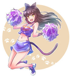 Rule 34 | 1girl, :d, bare arms, bare legs, bare shoulders, black bow, black hair, blake belladonna, blush, bow, breasts, cat tail, cheerleader, clothes writing, commentary request, crop top, fang, full body, hair bow, highres, holding, iesupa, long hair, looking at viewer, medium breasts, midriff, miniskirt, navel, open mouth, paw print, paw print background, pom pom (cheerleading), purple skirt, rwby, shoes, skirt, sleeveless, smile, sneakers, solo, stomach, tail, two-tone background, white footwear, yellow eyes