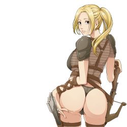 Rule 34 | 1girl, aratama (a-tama), armor, arrow (projectile), ass, ass grab, bikini armor, black panties, blonde hair, bolt, bow (weapon), breasts, crossbow, female focus, grabbing own ass, highres, large breasts, lips, looking at viewer, looking back, panties, parted lips, ponytail, quiver, romancing saga 2, saga, sideboob, silver hair, simple background, smile, solo, square enix, theresa (saga), thighhighs, thighs, thong, underwear, weapon