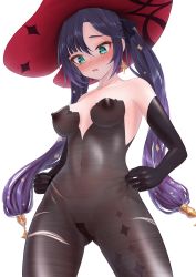 Rule 34 | 1girl, aqua eyes, armpits, bae.c, bare shoulders, black gloves, black hair, blush, bodystocking, breasts, covered erect nipples, cowboy shot, earrings, elbow gloves, embarrassed, genshin impact, gloves, hat, highres, jewelry, long hair, looking at viewer, maebari, mona (genshin impact), no bra, no panties, open mouth, sidelocks, simple background, small breasts, solo, twintails, white background, witch hat