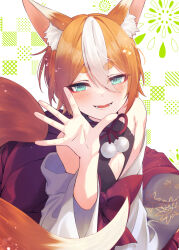 Rule 34 | 1boy, animal ear fluff, animal ears, blush, cleavage cutout, clothing cutout, commission, copyright request, fox boy, fox ears, fox tail, green eyes, hakama, hakama skirt, half-closed eyes, highres, ichiki toki, japanese clothes, looking at viewer, male focus, multicolored hair, off shoulder, open mouth, orange hair, pom pom (clothes), shirt, short hair, skeb commission, skirt, sleeveless, sleeveless shirt, smile, solo, tail, thick eyebrows, two-tone hair, waving, white hair, wide sleeves