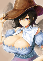 Rule 34 | 1girl, 2b-ge, :&lt;, ascot, bare shoulders, black hair, breasts, cleavage, commentary request, covered erect nipples, cowboy hat, frills, hat, hat tip, highres, huge breasts, kurokoma saki, looking at viewer, no bra, outline, puffy short sleeves, puffy sleeves, red eyes, short sleeves, simple background, solo, touhou, upper body, wavy hair