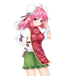 Rule 34 | 1girl, ahoge, bandages, bun cover, chain, chinese clothes, cuffs, double bun, floral print, flower, hair bun, hand on own hip, ibaraki kasen, pink eyes, pink hair, ribbon, rose, short hair, simple background, skirt, smile, solo, tabard, touhou, u2 (5798239), white background