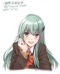 Rule 34 | 1girl, absurdres, aqua eyes, aqua hair, artist name, brown jacket, cardigan, character name, dated, hair ornament, hairclip, highres, jacket, kantai collection, long hair, open cardigan, open clothes, open mouth, school uniform, simple background, smile, solo, suzuya (kancolle), twitter username, upper body, vest, white background, yaegashi (muzzuleflash)