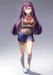 Rule 34 | 1girl, absurdres, artist name, blue skirt, breasts, closed mouth, commentary, crossed arms, doki doki literature club, english commentary, full body, gradient background, grey background, hair between eyes, hair ornament, hairclip, highres, kneehighs, large breasts, long hair, looking at viewer, pleated skirt, purple eyes, purple hair, sasoura, school uniform, shoes, simple background, skirt, smile, socks, solo, standing, very long hair, white socks, yuri (doki doki literature club)