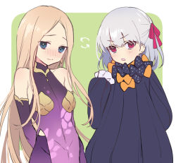 Rule 34 | 2girls, abigail williams (fate), abigail williams (fate) (cosplay), armlet, armor, arms behind back, bare shoulders, bikini armor, black bow, black dress, blonde hair, blue eyes, blush, border, bow, breasts, closed mouth, collar, cosplay, costume switch, detached sleeves, dress, earrings, fate/grand order, fate (series), floral print, forehead, green background, hair bow, hair ribbon, jewelry, kama (fate), kama (first ascension) (fate), long hair, looking at viewer, metal collar, miniskirt, multiple bows, multiple girls, open mouth, orange bow, parted bangs, pelvic curtain, pink ribbon, polka dot, polka dot bow, purple dress, purple skirt, purple sleeves, red eyes, ribbed dress, ribbon, short hair, silver hair, skirt, sleeves past fingers, sleeves past wrists, small breasts, vivi (eve no hakoniwa), white border