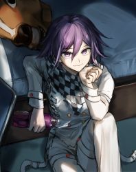 Rule 34 | 1boy, absurdres, bed, bottle, checkered clothes, checkered scarf, closed mouth, commentary request, danganronpa (series), danganronpa v3: killing harmony, fanta, feet out of frame, from above, hair between eyes, head rest, highres, holding, holding bottle, horse head, indoors, jacket, long sleeves, looking at viewer, male focus, muuyiie, oma kokichi, pants, purple eyes, purple hair, scarf, short hair, sitting, smile, soda bottle, solo, straitjacket, white jacket, white pants