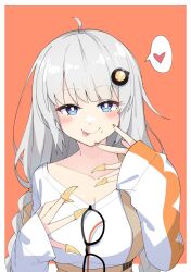 Rule 34 | 1girl, :p, a.i. voice, ahoge, blue eyes, braid, collarbone, glasses, grey hair, hair ornament, heart, highres, kizuna akari, kizuna akari (a.i. voice), licking lips, long hair, long sleeves, simple background, solo, spoken heart, tongue, tongue out, voiceroid, zooanime