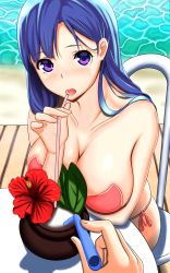 Rule 34 | 1girl, beach, bikini, blue hair, breasts, character request, drinking straw, flower, hibiscus, highres, large breasts, long hair, looking at viewer, phoenix (pixiv8412452), purple eyes, red bikini, solo focus, swimsuit