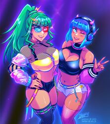 Rule 34 | 2girls, arm around waist, artist name, blue eyes, blue hair, blunt bangs, blunt ends, breasts, cleavage, commentary, demon horns, dreamgirl (iahfy), english commentary, fake horns, feet out of frame, green hair, hand on own hip, headphones, heart, horns, iahfy, large breasts, looking at viewer, midriff, multiple girls, navel, navel piercing, open mouth, original, patreon username, piercing, ponytail, shorts, teeth, thighhighs, tongue, twitter username, v, watermark, zipper, zipper pull tab