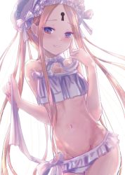 Rule 34 | 1girl, abigail williams (fate), abigail williams (swimsuit), abigail williams (swimsuit foreigner) (fate), abigail williams (swimsuit foreigner) (third ascension) (fate), backlighting, bare shoulders, bikini, blonde hair, blue eyes, bonnet, bow, braid, breasts, fate/grand order, fate (series), forehead, hair bow, keyhole, kinom (sculpturesky), long hair, navel, parted bangs, sidelocks, small breasts, smile, swimsuit, twintails, white background, white bikini, white bow, white headwear