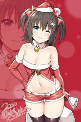 Rule 34 | 1girl, ;3, bare shoulders, bell, belt, black hair, black thighhighs, blue eyes, bow, breasts, christmas, cleavage, collarbone, cowboy shot, crop top, detached collar, elbow gloves, fur trim, gloves, groin, hair bow, hand on own hip, hat, highres, holding, holding sack, jingle bell, looking at viewer, medium breasts, medium hair, midriff, navel, one eye closed, original, red hat, red shirt, red shorts, revealing clothes, sack, santa costume, santa hat, shirt, short shorts, shorts, skindentation, sky-freedom, sky (sky-freedom), sleeveless, sleeveless shirt, smile, solo, stomach, strapless, strapless shirt, thigh gap, thighhighs, thighs, tube top, two side up, zoom layer