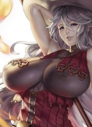 Rule 34 | 10s, 1girl, arm up, bare shoulders, breasts, cleavage, commentary, covered erect nipples, cropped, eu03, granblue fantasy, hair between eyes, hand in own hair, hat, huge breasts, lips, long hair, looking at viewer, magisa (granblue fantasy), nipples, nose, parted lips, purple eyes, see-through, see-through cleavage, silver hair, skin tight, sleeveless, smile, solo, witch hat