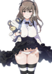 Rule 34 | 1girl, alternate breast size, bad id, bad pixiv id, black bow, black ribbon, black skirt, black thighhighs, boko (girls und panzer), bow, bowtie, breasts, brown eyes, brown hair, closed mouth, clothes lift, collared shirt, colored skin, cosplay, girls und panzer, hair ribbon, high-waist skirt, holding, holding stuffed toy, ikuchan kaoru, large breasts, lifting own clothes, long hair, long sleeves, looking at viewer, mature female, md5 mismatch, multicolored skin, panties, resolution mismatch, ribbon, shimada arisu, shimada arisu (cosplay), shimada chiyo, shirt, simple background, skindentation, skirt, skirt lift, smile, solo, source larger, striped clothes, striped thighhighs, stuffed animal, stuffed toy, suspender skirt, suspenders, teddy bear, thighhighs, underwear, white background, white panties, white shirt, white thighhighs