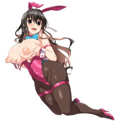Rule 34 | 1girl, alternate costume, animal ears, bad id, bad twitter id, black hair, blush, bow, bowtie, grabbing another&#039;s breast, breasts, breasts out, breasts squeezed together, deep skin, detached collar, fake animal ears, grabbing, grabbing own breast, hair ribbon, hairband, high heels, highleg, highleg leotard, highres, huge breasts, kantai collection, leotard, long hair, looking at viewer, multicolored hair, naganami (kancolle), nipples, open mouth, pantyhose, pink hair, playboy bunny, puffy nipples, rabbit ears, ribbon, simple background, skindentation, smile, solo, strapless, strapless leotard, sweat, thigh strap, two-tone hair, wavy hair, white background, white hairband, wrist cuffs, yellow eyes, yoshi tama