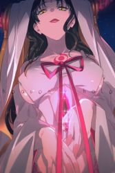 Rule 34 | 1girl, bare shoulders, black hair, breasts, chest tattoo, cleavage, collarbone, dress, echo (circa), facial mark, fate/extra, fate/extra ccc, fate (series), forehead mark, horns, large breasts, long hair, long sleeves, looking at viewer, open mouth, parted bangs, sessyoin kiara, sideboob, smile, solo, tattoo, veil, very long hair, wavy hair, white dress, wide sleeves, yellow eyes