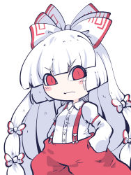 Rule 34 | 1girl, blush stickers, bow, chahan (fried rice0614), closed mouth, collared shirt, fujiwara no mokou, hair bow, hands in pockets, highres, long hair, long sleeves, one-hour drawing challenge, pants, red eyes, red pants, shirt, simple background, solo, suspenders, touhou, white background, white bow, white hair, white shirt
