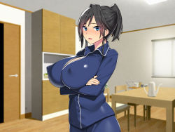 Rule 34 | 1girl, black hair, blue eyes, blurry, blush, breasts, buttons, chair, cleavage, covered erect nipples, cowboy shot, crossed arms, depth of field, door, embarrassed, female focus, high ponytail, highres, indoors, large breasts, looking at viewer, munashi mujou, netorase zuki na ore, tsui ni... netafuri wo suru!!, open mouth, original, pajamas, solo, standing, table, window