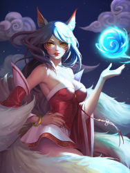 Rule 34 | 1girl, ahri (league of legends), animal ears, bad id, bad pixiv id, bare shoulders, breasts, casasak, cleavage, cloud, detached sleeves, facial mark, fox ears, fox girl, fox tail, korean clothes, league of legends, lipstick, long hair, looking at viewer, makeup, medium breasts, nail polish, night, orb, parted lips, red nails, solo, tail, whisker markings, yellow eyes