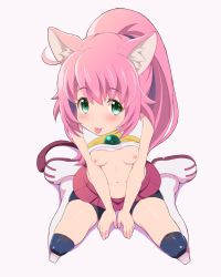 Rule 34 | 10s, 1girl, :p, animal ears, bike shorts, black thighhighs, boots, breasts, cat ears, cat tail, chisato (missing park), clothes lift, from above, green eyes, gundam, gundam build divers, knee boots, long hair, looking up, navel, nipples, pink hair, ponytail, red skirt, shirt, shirt lift, shorts, skirt, sleeveless, sleeveless shirt, small breasts, smile, solo, tail, thighhighs, tongue, tongue out, white footwear, white shirt, yashiro momoka