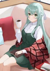 Rule 34 | 1girl, aqua hair, assault lily, book, book on lap, bow, buttons, closed mouth, coffee, collared shirt, commentary, couch, crossed bangs, cup, cushion, day, dress, dress shirt, feet out of frame, green dress, green eyes, hair between eyes, hair bow, half updo, hand up, highres, holding, holding cup, indoors, kon (kon9d), light blush, long hair, long sleeves, looking at viewer, on couch, open book, pinafore dress, plaid, plaid shawl, shawl, shirt, short dress, sidelocks, sitting, sleeveless dress, smile, solo, toki kureha, very long hair, white bow, white shirt