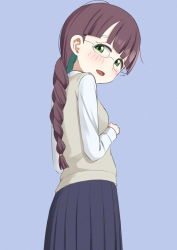 Rule 34 | 1girl, blue background, blush, braid, braided ponytail, breasts, brown hair, do it yourself!!, easy (aqk7bdqt), glasses, green eyes, hikage takumi, long hair, looking at viewer, open mouth, ponytail, school uniform, simple background, small breasts, smile, solo