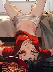 Rule 34 | 1girl, barefoot, bed, black hair, buster shirt, clothes lift, fate/grand order, fate (series), hat, highres, indoors, korean commentary, long hair, looking at viewer, lower teeth only, lying, navel, oda nobunaga (fate), oda nobunaga (swimsuit berserker) (fate), oda nobunaga (swimsuit berserker) (first ascension) (fate), open mouth, peaked cap, red eyes, sempon (doppio note), shirt lift, short sleeves, skirt, smile, solo, stomach, striped clothes, striped skirt, teeth, toes, upside-down, white skirt