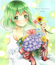 Rule 34 | 1girl, bare shoulders, blue background, blush, bouquet, character name, cowboy shot, dated, dress, flower, glowing, gradient background, green background, green eyes, green hair, green nails, gumi, happy birthday, holding, holding flower, leaf, looking at viewer, maripori, marker (medium), matching hair/eyes, nail polish, plant, short hair, simple background, sleeveless, sleeveless dress, smile, solo, sundress, traditional media, vocaloid, white dress