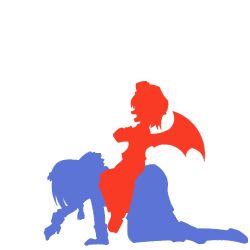 Rule 34 | 2girls, bat wings, demon wings, female focus, izayoi sakuya, maid, multiple girls, non-web source, open mouth, prostration, remilia scarlet, riding, short hair, silhouette, simple background, sitting, touhou, white background, wings