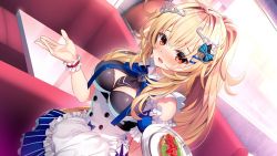Rule 34 | 1girl, apron, black bow, blonde hair, blue bow, blue bowtie, blue skirt, blush, bow, bowtie, breasts, dutch angle, embarrassed, game cg, hair between eyes, hair bow, holding, holding plate, honda tamanosuke, indoors, long hair, maid, medium breasts, miniskirt, open mouth, plate, ponytail, re:d cherish, red eyes, rouge wentworth, skirt, solo, standing, striped bow, striped clothes, striped skirt, sweatdrop, vertical-striped clothes, vertical-striped skirt, very long hair, waist apron, white apron, wrist cuffs