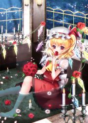 Rule 34 | 1girl, afloat, ascot, asymmetrical hair, bad id, bad pixiv id, bare legs, barefoot, bathing, blonde hair, blurry, candle, candlelight, candlestand, checkered floor, cherry blossoms, collar, crystal, demon wings, depth of field, dress, eyebrows, fire, flandre scarlet, flower, frilled collar, frilled shirt collar, frills, glint, hat, holding, holding flower, indoors, lantern, light, looking at viewer, mob cap, petals, petals on liquid, pillar, plant, puffy short sleeves, puffy sleeves, radge, red dress, red eyes, red flower, red rose, rose, short hair, short sleeves, side ponytail, sitting, solo, thorns, touhou, tsurime, vines, water, water drop, wax, white hat, wings