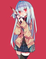 Rule 34 | 1girl, black thighhighs, blood, blood on clothes, blood on face, bloody weapon, blue hair, blush, brown cardigan, buttons, cardigan, commentary, cowboy shot, crying, crying with eyes open, green skirt, highres, holding, holding knife, knife, kotonoha aoi, long hair, meto (metrin), open mouth, plaid, plaid skirt, red background, red eyes, simple background, single sidelock, skirt, smile, solo, symbol-only commentary, tears, thighhighs, voiceroid, weapon, yandere, zettai ryouiki