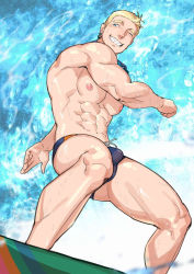 Rule 34 | 1boy, abs, bara, blonde hair, blue eyes, blue male swimwear, bulge, day, earrings, ero condo, goggles, goggles around neck, highres, jewelry, kienbiu, large pectorals, male focus, male swimwear, muscular, muscular male, navel, nipples, official art, one eye closed, outdoors, pectorals, sharp teeth, short hair, smile, solo, suplex (ero condo), surfboard, surfing, swim briefs, teeth, thick thighs, thighs, water, waves