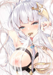 Rule 34 | 1girl, 218, absurdres, animal ears, arm up, armpits, blue eyes, blunt bangs, blush, breasts, closed mouth, elbow gloves, erune, fingerless gloves, gloves, granblue fantasy, hair ornament, highres, korwa, large breasts, lips, long hair, looking at viewer, mouth hold, nipples, silver hair, smile, solo, sweat, tape measure, white gloves