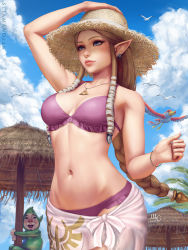 Rule 34 | 1boy, 1girl, 2018, :d, arm up, artist name, bare arms, bare shoulders, bikini, bird, blue eyes, bodysuit, bracelet, braid, breasts, brown hair, brown hat, closed mouth, cloud, cloudy sky, collarbone, commentary, cowboy shot, day, earrings, english commentary, floating hair, frilled bikini, frills, green bodysuit, groin, hair ribbon, hand on headwear, hand up, hat, highres, hoop earrings, jewelry, lips, long hair, looking at another, looking away, medium breasts, mole, mole under mouth, navel, necklace, nintendo, nose, open mouth, outdoors, palm tree, parasol, pointy ears, princess zelda, purple bikini, realistic, ribbon, sarong, sciamano240, sidelocks, signature, single braid, sky, smile, solo focus, standing, stomach, straw hat, summer, swimsuit, the legend of zelda, the legend of zelda: twilight princess, tingle, tree, tress ribbon, triforce, umbrella, very long hair, white ribbon