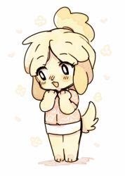 Rule 34 | 1girl, :3, animal crossing, animal ears, animal hands, barefoot, black eyes, blonde hair, blush, dog ears, dog tail, female focus, flat chest, full body, furry, furry female, hair tie, hands up, happy, hatomura miri, isabelle (animal crossing), leaf print, legs together, looking to the side, miniskirt, nintendo, nose blush, open mouth, pencil skirt, red shirt, shirt, short hair, short sleeves, simple background, sketch, skirt, smile, solo, standing, tail, topknot, white background, white skirt