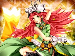 Rule 34 | 1girl, adapted costume, bell, braid, chinese clothes, contemporary, gloves, green eyes, hair bell, hair ornament, highres, hong meiling, kazetto, kung fu, long hair, red hair, solo, touhou, twin braids, very long hair
