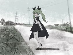 Rule 34 | 10s, 1girl, anchovy (girls und panzer), anzio school uniform, belt, black belt, black cape, black footwear, black necktie, black skirt, blurry, blurry background, cape, commentary, day, dress shirt, drill hair, fang, from side, girls und panzer, green hair, highres, inumoto, loafers, long hair, long sleeves, looking at viewer, miniskirt, necktie, open mouth, outdoors, pantyhose, pleated skirt, red eyes, school uniform, shadow, shirt, shoes, skirt, smile, solo, standing, twin drills, twintails, utility pole, white pantyhose, white shirt