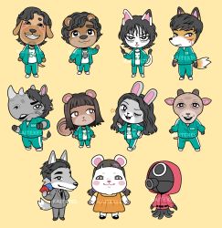 Rule 34 | 4girls, 6+boys, :&lt;, abduil ali, angry, animal crossing, artist name, bear boy, black hair, bleeding, blood, blush stickers, brown background, brown eyes, brown hair, cat girl, cho sang-woo, dog boy, envelope, fox boy, furry, furry female, furry male, goat boy, gong yoo, green jacket, green pants, grin, hamster girl, han mi-nyeo, hand in pocket, heart, heart-shaped pupils, highres, holding, holding envelope, holding knife, hood, hood up, horns, injury, jacket, jang deok-su, jewelry, ji yeong, kai texel, knife, long hair, long sleeves, looking at another, looking at viewer, low twintails, messy hair, multiple boys, multiple girls, necklace, nintendo, numbered, octopus boy, oh il-nam, open clothes, open jacket, pants, rabbit girl, red jacket, rhinoceros boy, robot (squid game), sae-byeok, scar, seong gi-hun, shirt, shoes, short hair, simple background, single horn, smile, squid game, squirrel girl, star (symbol), symbol-shaped pupils, teeth, twintails, upper teeth only, watermark, white shirt, wolf boy, worker (squid game)