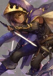 Rule 34 | 1boy, belt, black gloves, black hair, boots, cloak, commentary request, dark-skinned male, dark skin, dated, elbow gloves, fighting stance, gloves, granblue fantasy, highres, holding, holding knife, hood, hooded cloak, jamil (granblue fantasy), knee boots, knife, looking at viewer, male focus, multiple belts, purple cloak, scar, scar on face, serious, short hair, shuu (fuhm7757), signature, sleeveless, solo, sparks, standing, toned, toned male, yellow eyes