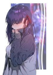 Rule 34 | 1girl, absurdres, black ribbon, blurry, blurry background, closed mouth, commentary, dress, fate/stay night, fate (series), from side, hair ribbon, highres, jacket, long hair, looking down, matou sakura, purple eyes, purple hair, red ribbon, ribbon, rolua, sleeves past wrists, solo, white dress