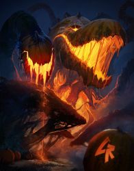 Rule 34 | acid, biollante, chipyray, extra mouth, forest, giant, giant monster, glowing, glowing eyes, glowing liquid, glowing mouth, godzilla (series), godzilla vs. biollante, halloween, highres, jack-o&#039;-lantern, kaijuu, liquid, monster, multiple heads, nature, night, no humans, open mouth, plant, pumpkin, pumpkin juice, slime (substance), tentacles, toho, tree, vines