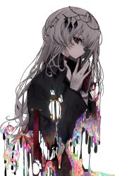 Rule 34 | 1girl, absurdres, black jacket, closed mouth, colorful, from side, gloves, grey hair, hair ornament, highres, hole in chest, hole on body, jacket, long hair, looking at viewer, looking to the side, mole, mole under mouth, narue, original, own hands together, red eyes, sideways glance, simple background, solo, steepled fingers, upper body, white background, white gloves
